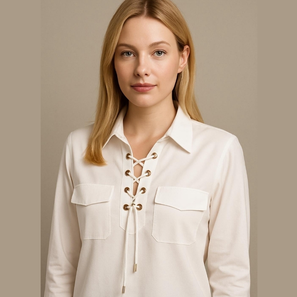 Calvin Klein Adjustable Legnth Sleeve faux Beast pockets drawstring front Blouse